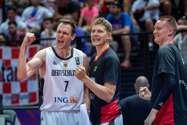 Basketball Split 03 07 2021 Olympic Qualification FIBA Olympic Qualifying Tournament 2020 Semifinals Germany GER Croatia CRO Cheers Johannes Voigtmann Germany, No 07 Moritz Wagner Germany, No 13 Robin Benzing Germany, No 12 vlnr