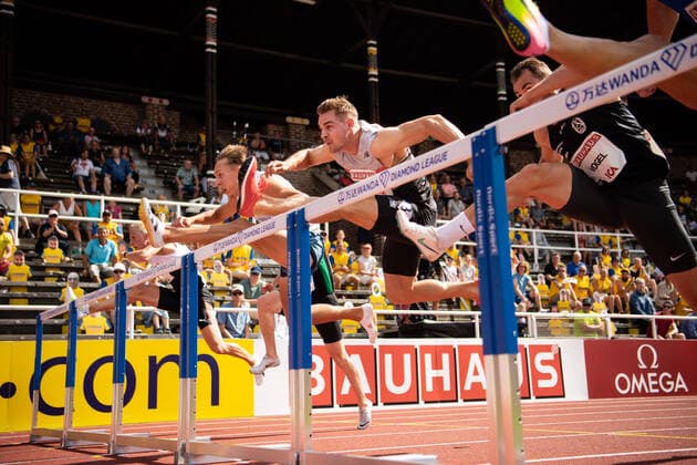 210704 David King of Great Britain, Elmo Lakka of Finland and Martin Vogel of Germany competes in men s 110 meter hurdles during the athletics gala Bauhaus galan, Diamond League Stockholm on July 4, 2021 in Stockholm Photo Joel Marklund BILDBYRAN kod JM JM0156 bbeng athletics athletics athletics iaaf diamond league bauhausgalan bauhaus galan diamond league 2021 stockholm,  Copyright: JOELxMARKLUND BB210704JM031