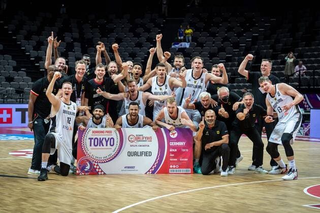 Basketball Split 04 07 2021 Olympic Qualifying FIBA Olympic Qualifying Tournament 2020 Final Germany GER Brazil BRA Germany wins and qualifies f¸r Olympics in Tokyo Isaac Bonga Germany, No 00 Joshiko Saibou Germany, No 01 Maodo Lo Germany, No 04 Nils Giffey Germany, No 05 Johannes Voigtmann Germany, No 07 Jan Niklas Wimberg Germany, No 06 Moritz Wagner Germany, No 13 Lukas Wank Germany, No 19 Danilo Barthel Germany, No 22 Johannes Thiemann Germany, No 32 Andreas Obst Germany, No 42 Henrik RËÜdl Germany, national coach Rodl Roedl and others