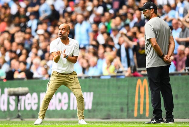 Mandatory Credit: Photo by Javier Garcia BPI Shutterstock (10353269bn) Manchester City Manager Pep Guardiola and Liverpool manager Jurgen Klopp Liverpool v Manchester City, FA Community Shield, Football, Wembley Stadium, London, UK 04 Aug 2019 EDITORIAL USE ONLY No use with unauthorised audio, video, data, fixture lists (outside the EU), club league logos or live services. Online in-match use limited to 45 images (+15 in extra time). No use to emulate moving images. No use in betting, games or single club league player publications services. Liverpool v Manchester City, FA Community Shield, Football, Wembley Stadium, London, UK 04 Aug 2019 EDITORIAL USE ONLY No use with unauthorised audio, video, data, fixture lists (outside the EU), club league logos or live services. Online in-match use limited to 45 images (+15 in extra time). No use to emulate moving images. No use in betting, games or Copyright: xJavierxGarcia BPI Shutterstockx 10353269bn