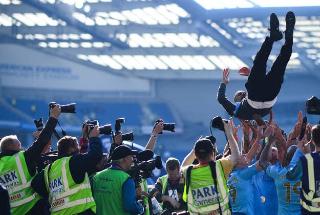 Mandatory Credit: Photo by Javier Garcia BPI Shutterstock (10235129en) Manchester City Manager Pep Guardiola is tossed in the air by the players in celebration after winning the Premier League title Brighton and Hove Albion v Manchester City, Premier League, Football, American Express Community Stadium, Brighton, UK - 12 May 2019 EDITORIAL USE ONLY No use with unauthorised audio, video, data, fixture lists (outside the EU), club league logos or live services. Online in-match use limited to 45 images (+15 in extra time). No use to emulate moving images. No use in betting, games or single club league player publications services. Brighton and Hove Albion v Manchester City, Premier League, Football, American Express Community Stadium, Brighton, UK - 12 May 2019 EDITORIAL USE ONLY No use with unauthorised audio, video, data, fixture lists (outside the EU), club league logos or live services. Online in-match use limited to 45 images (+15 in extra time). No use to emulate moving images. No use in betting, games or Copyright: xJavierxGarcia BPI Shutterstockx 10235129en