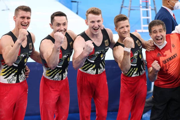 German team Lukas Dauser, Andreas Toba Nils Dunkel Philipp Herder and head coach Valeri Belenki after qualification at 2021 Olympic Games Tokyo2020 in Tokyo 24 07 2021