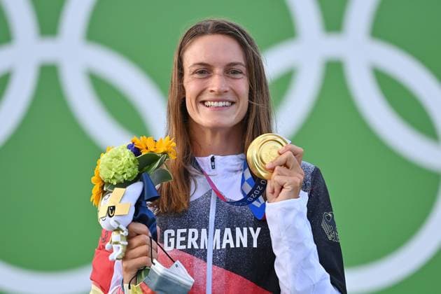 Ricarda FUNK GER , with medal,gold medal,gold,winner,winner,award ceremony,Women s Kayak,Canoe,Slalom,Canoe Slalom,White Water on 27 07 2021, Kasai Canoe Slalom Center Summer Olympics 2020, from 23 07 08 2021 in Tokyo Japan