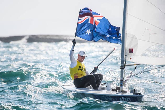 210801 Matt Wearn of Australia celebrate his first place after competing in men s laser medal race during day 9 of the Tokyo 2020 Olympic Games on August 1, 2021 in Tokyo Photo Daniel Stiller PICTURE CODE DS DS0183 sailing sailing olympic games olympics os ol olympiska spel olympiske toys tokyo2020 tokyo 2020 tokyo os tokyo ol bbeng cheers,  Copyright: DANIELxSTILLER BB210801DS034