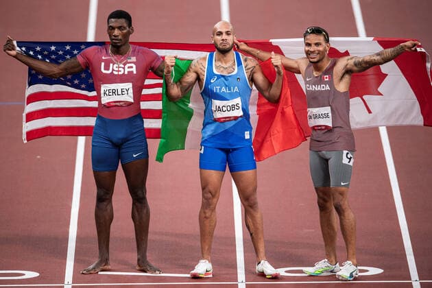 210801 Fred Kerley of USA, Marcell Jacobs of Italy and Andre De Grasse of Canada celebrate after competing in mens 100m final during day 9 of the Tokyo 2020 Olympic Games on August 1, 2021 in Tokyo Photo Jon Olav Nesvold BILDBYRAN COP 217 JM0181 bbeng athletics athletics athletics olympic games olympics os ol olympic games olympic games tokyo2020 tokyo 2020 tokyo os tokyo ol cheers,  Copyright: JONxOLAVxNESVOLD BB210801JE063