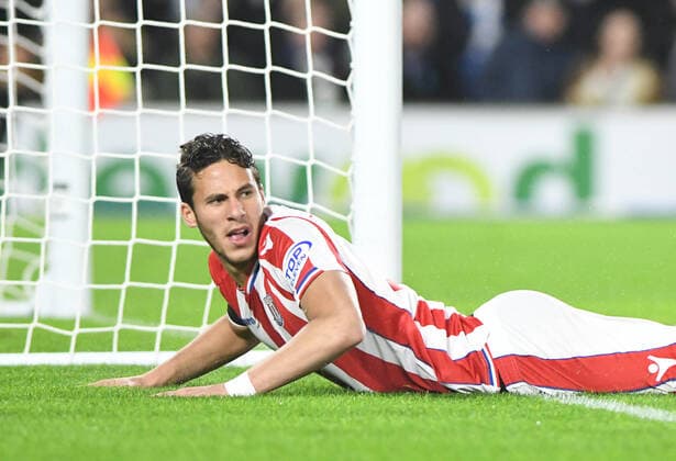 Mandatory Credit: Photo by Mark Enfield Mercury Press Shutterstock (9231701cc) Ramadan Sobhi, of Stoke , during the Premier League match between Brighton and Hove Albion and Stoke City at The Amex Stadium on 20th November 2017. Brighton and Hove Albion v Stoke City, Premier League, Football, The Amex Stadium, UK, 20th November 2017. EDITORIAL USE ONLY No use with unauthorised audio, video, data, fixture lists (outside the EU), club league logos or live services. Online in-match use limited to 45 images (+15 in extra time). No use to emulate moving images. No use in betting, games or single club league player publications services. Brighton and Hove Albion v Stoke City, Premier League, Football, The Amex Stadium, UK, 20th November 2017. EDITORIAL USE ONLY No use with unauthorised audio, video, data, fixture lists (outside the EU), club league logos or live services. Online in-match use limited to 45 images (+15 in extra time). No use to emulate moving images. No use in betting, games or Copyright: xMarkxEnfield MercuryxPress Shutterstockx 9231701cc