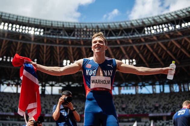 210803 Karsten Warholm of Norway celebrates after running on a new world record in men s 400 meter hurdle final during day 11 of the Tokyo 2020 Olympic Games on August 3, 2021 in Tokyo Photo Vegard Wivestad Grott BILDBYRAN kod VG JM0185 bbeng athletics athletics athletics olympic games olympics os ol olympic games olympic games tokyo2020 tokyo 2020 tokyo os tokyo ol norway norway,  Copyright: VEGARDxWIVESTADxGRoTT BB210803VG072
