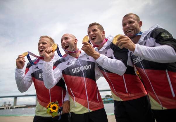 Tokyo Tokyo, 07 08 2021, Japan, Olympic Games The German quartet of Max Rendschmidt, Ronald Rauhe, Tom Liebscher and Max Lemke hold gold in the K4 Canoe Men s Kayak Four 500m, Men s Final, Olympic Games, 2020 2021 Photo Moritz Müller Only for Editorial use