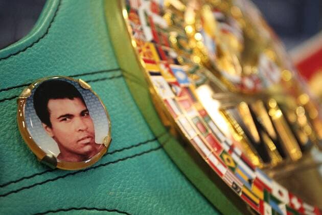 Mandatory Credit: Photo by Michael Zemanek BPI Shutterstock (5894483ak) ( CAPTION CORRECTION ) A picture of Muhammad Ali is attached to WBC belt belonging to Gennady Golovkin during the press conference, PK, Pressekonferenz at the Canary Riverside Plaza Hotel , London on 8th September 2016 Boxing - Gennady Golovkin v Kell Brook - Press Conference - 8 9 2016 - 08 Sep 2016 Boxing - Gennady Golovkin v Kell Brook - Press Conference - 8 9 2016 - 08 Sep 2016  Copyright: xMichaelxZemanek BPI Shutterstockx 5894483ak