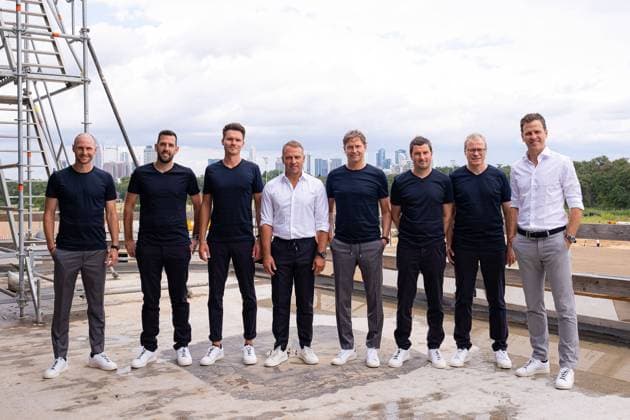 Media Get together, with national coach Hansi Flick and his team, DFB Campus, 10 08 2021 f l Benedikt Hoewedes Team management , Mads Buttgereit Special coach , Danny Roehl Assistant coach , Hansi Flick National coach , Marcus Sorg Assistant coach , Andreas Kronenberg Goalkeeping coach , Peter Peters 1 DFB Vice President , Oliver Bierhoff Director National Teams and Academy , Media Get together, with national coach Hansi Flick and his team, DFB Campus, 10 08 2021 Thomas Boecker DFB via EIBNER Sascha Walther Frankfurt am Main DFB Campus Hessen Germany Poolfoto Thomas Boecker DFB via EIBNER Sa ,EDITORIAL USE ONLY