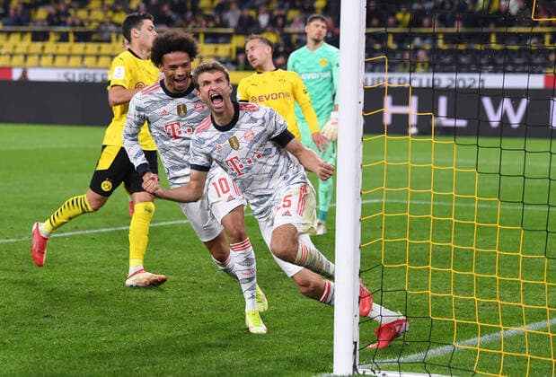 Football Supercup Season 2021 2022 Borussia Dortmund FC Bayern Muenchen 17 08 2021 Goal celebration after the 2 0 Leroy Sane left and Thomas Mueller right, both FC Bayern Muenchen