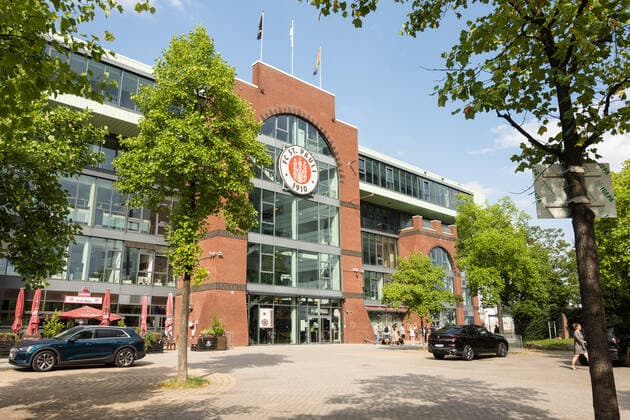 Football Men , Season 2021 22, 2 Bundesliga, 1 Matchday, FC St Pauli Holstein Kiel, Millerntor Stadion Hamburg , 11 07 2021 South side of the Millerntorstadion with the main entrance to the FCSP office and large St Pauli logo on the glass front Hamburg Germany