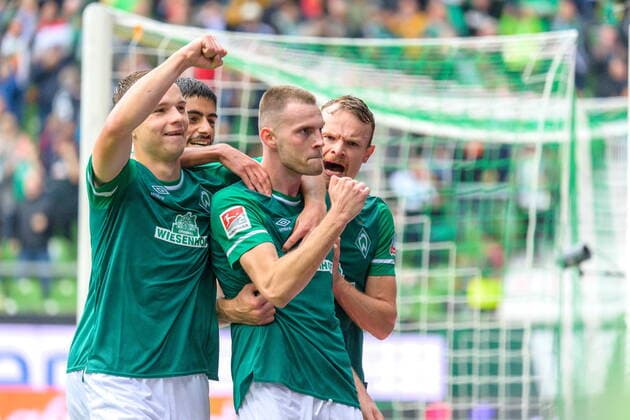 GER, 2 FBL, SV Werder Bremen vs Hansa Rostock 29 08 2021, wohninvest Weserstadion, Bremen, GER, 2 FBL, SV Werder Bremen vs Hansa Rostock in picture 1 0 by penalty Marvin Ducksch SV Werder Bremen 07 cheering with Niklas Schmidt Werder Bremen 22 Christian Groß Gross Werder Bremen 36 Eren Dinkci Werder Bremen 43 U23 nordphotoxGmbHxx xKokenge nph00001