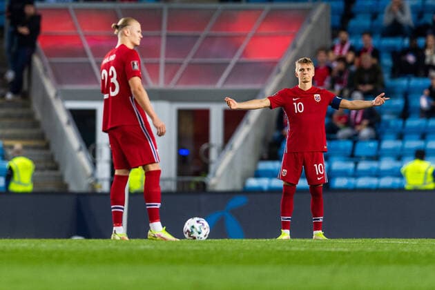 210907 Erling Braut Haaland and Martin odegaard of Norway during the FIFA World Cup Qualifier football match between Norway and Gibraltar on September 7, 2021 in Oslo Photo Vegard Wivestad Grott BILDBYRAN kod VG VG0162 bbeng fotball soccer football fotboll fifa world cup qualifiers vm qualification vm kvalik landskamp norway norway gibraltar,  Copyright: VEGARDxWIVESTADxGRoTT BB210907VG055