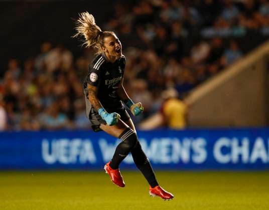Manchester, England, 8th September 2021. Misa Rodriguez of Real Madrid celebrates the win during the UEFA Women?s Champions League match at the Academy Stadium, Manchester. Picture credit should read: Darren Staples Sportimage EDITORIAL USE ONLY. No use with unauthorised audio, video, data, fixture lists, club league logos or live services. Online in-match use limited to 120 images, no video emulation. No use in betting, games or single club league player publications. SPI-1171-0027
