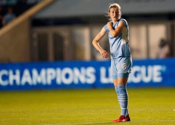 Manchester, England, 8th September 2021. Ellen White of Manchester City Women during the UEFA Womens Champions League match at the Academy Stadium, Manchester. Picture credit should read: Darren Staples Sportimage EDITORIAL USE ONLY. No use with unauthorised audio, video, data, fixture lists, club league logos or live services. Online in-match use limited to 120 images, no video emulation. No use in betting, games or single club league player publications. SPI-1171-0053