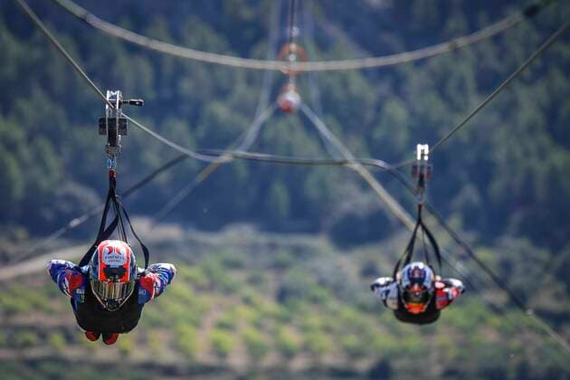 MotoGP Tissot Grand Prix of Aragon at MotorLand Aragon circuit Riders at Europe s longest zipline Located in the Teruel province, the Tirolina Fuentespalda zipline extends over almost two kilometers Teruel, Spain, September 09, 2021 In picture Rins and Zarco on the move Gran Premio Tissot de Aragon de MotoGP at MotorLand Aragon circuit Riders at Europes longest zipline Located in the Teruel province, the Tirolina Fuentespalda zipline extends over almost two kilometers Teruel, Spain September 09, 2021 POOL MotoGP com Cordon Press Images will be for editorial use only Mandatory credit MotoGP com Cordon Press  xx xx