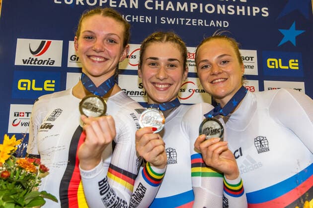 2021 UEC TRACK ELITE EUROPEAN CHAMPIONSHIPS, 05 10 2021 Alessa Catriona PROEPSTER GERMANY Pauline Sophie GRABOSCH GERMANY Lea Sophie FRIEDRICH GERMANY win Silver in the women s team sprint at the 2021 UEC Track Elite European Championships on Tuesday, October 5, 2021 in Grenchen, Switzerland Copyright: xBEAUTIFULxSPORTS OlafxRellischx