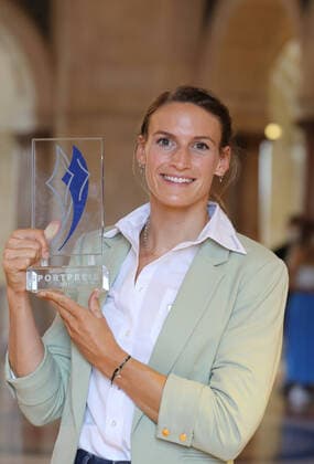 The Bavarian Prime Minister Dr Markus Söder awards the Bavarian Medal Winner of Tokyo the Bavarian Sports Award Ricarda Funk Munich Bavaria Germany State Chancellery Kuppelsaal