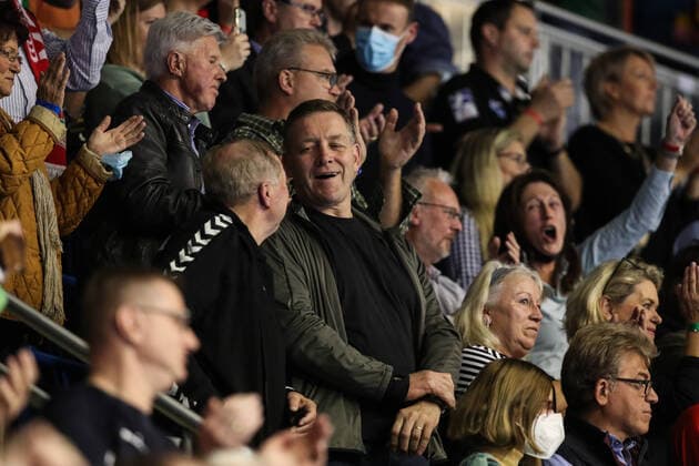 German coach Alfred Gislason watches the match Handball Bundesliga season 2021 2022 SC Magdeburg vs SG Flensburg Handewitt at GETEC Arena in Magdeburg Handball,Germany,17 10 2021