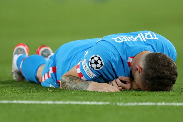 Mandatory Credit: Photo by Paul Greenwood Shutterstock (12585785aw) Kieran Trippier of Atletico Madrid lies injured on the pitch Liverpool v Atletico Madrid, UEFA Champions League Group B, Football, Anfield, Liverpool, UK - 03 Nov 2021 EDITORIAL USE ONLY No use with unauthorised audio, video, data, fixture lists, club league logos or live services. Online in-match use limited to 120 images, no video emulation. No use in betting, games or single club league player publications. Liverpool v Atletico Madrid, UEFA Champions League Group B, Football, Anfield, Liverpool, UK - 03 Nov 2021 EDITORIAL USE ONLY No use with unauthorised audio, video, data, fixture lists, club league logos or live services. Online in-match use limited to 120 images, no video emulation. No use in betting, games or single club league player publications. Copyright: xPaulxGreenwood Shutterstockx 12585785aw