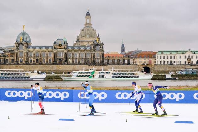 FIS Cross Country Ski World Cup on 18 12 2021 in Dresden Saxony Haavard Solaas Taugboel NOR, BIB1 , Richard Jouve FRA, BIB2 and James Clinton Schoonmaker USA, BIB3