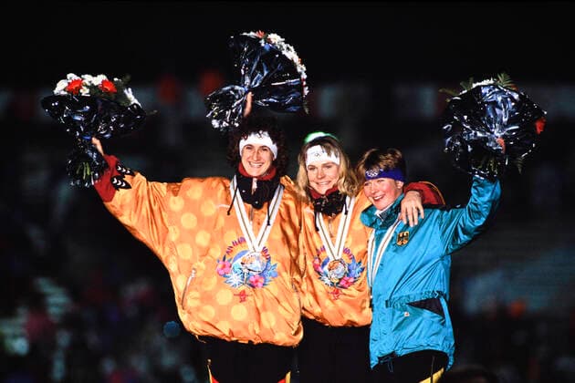 PECHSTEIN Claudia Team GER 3 Place Final 5000m of the Women Award Ceremony with Olympic Champion NIEMANN Gunda and WARNICKE Heike on 17 02 1992 in Albertville Olympic Winter Games in Albertville 1992