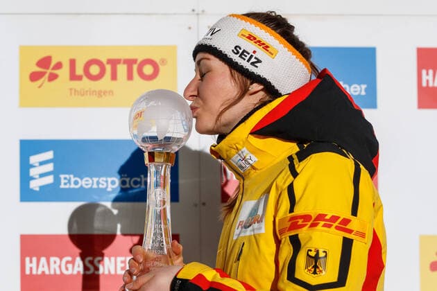 Julia Taubitz GER, Germany with the trophy for the overall sprint win wins the overall World Cup ranking in sprint, 1 14 2022, Oberhof Germany , Eberspaecher Luge World Cup Oberhof xprx