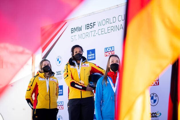 Laura Nolte Germany, BSC Winterberg , Mariama Jamanka Germany, BRC Thueringen , Nadezhda Sergeeva Russia on the podium of the European Championship, CH, IBSF World Cup and European Championship, St Moritz Monobob Women, 15 01 2022, season 2021 2022 CH, IBSF World Cup and European Championship, St Moritz Monobob Women, 15 01 2022, season 2021 2022 Copyright: xEibner Memmlerx EP_MMR