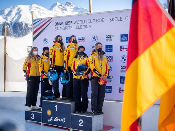 Podium with Laura Nolte, Deborah Levi Germany, BSC Winterberg , Kim Kalicki, Lisa Buckwitz Germany , Mariama Jamanka, Kira Lipperheide Germany at the German triple victory, CH, IBSF World Cup and European Championship, St Moritz two-man bobsleigh women, 16 01 2022, season 2021 2022 CH, IBSF World Cup and European Championship, St Moritz two-man bobsleigh women, 16 01 2022, season 2021 2022 Copyright: xEibner Memmlerx EP_MMR