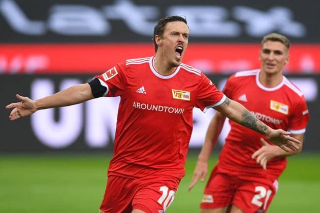 Soccer 1 Bundesliga 20 Matchday Borussia Mönchengladbach 1 FC Union Berlin on 22 01 2022 at Borussia Park in Mönchengladbach Goal celebration cheering goal to 0 1 by Max Kruse Berlin DFL regulations prohibit any use of photographs as image sequences and or quasi video xHDx