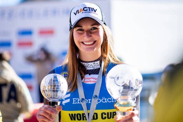 Julia Taubitz Germany cheers victory in overall World Cup, CH, FIL Luge 9 Eberspaecher World Cup and European Championships, St Moritz Luge Single Seater Women, 23 01 2022, Season 2021 2022 CH, FIL Luge 9 Eberspaecher World Cup and European Championships, St Moritz Luge Single Seater Women, 23 01 2022, Season 2021 2022 Copyright: xEibner Memmlerx EP_MMR