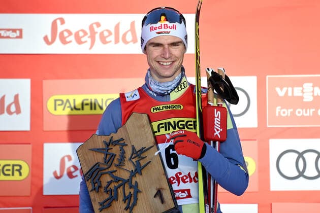 Vinzenz GEIGER GER , winner,Winner,Award ceremony, Individual competition Individual Gundersen NH 10 km, FIS World Cup Nordic Combined in Seefeld Tirol on 29 01 2022