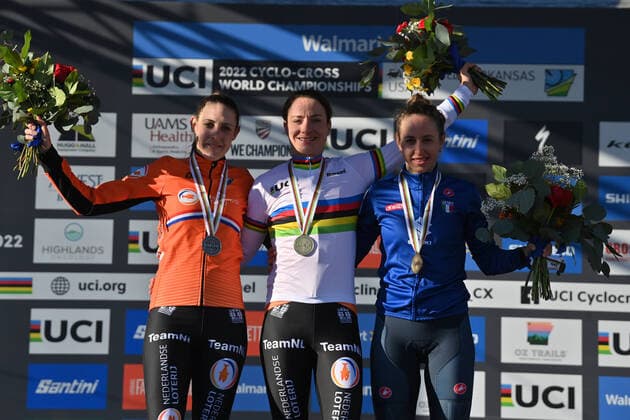 Bilder des Jahres 2022, Sport 01 Januar Sport Themen der Woche KW04 Sport Bilder des Tages Dutch Lucinda Brand , winner of the silver medal, Dutch Marianne Vos , winner of the gold medal and Italian Silvia Persico , winner of the bronze medal pictured on the podium of the women s elite race at the World Championship, WM, Weltmeisterschaft cyclocross cycling in Fayetteville, Arkansas, United States, Saturday 29 January 2022. The world championships are taking place from 28 until 30 January. DAVIDxSTOCKMAN x6497617x