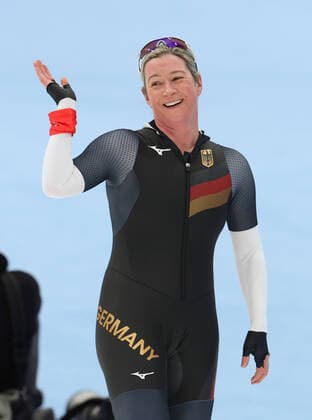 (220205) -- BEIJING, Feb. 5, 2022 -- Claudia Pechstein of Germany reacts after the women s 3,000m final of Speed skating, Eisschnelllauf at the National Speed Skating Oval in Beijing, capital of China, Feb. 5, 2022. ) (BEIJING2022)CHINA-BEIJING-OLYMPIC Winter games, Winterspiele,Spiele, Summer games SPEED SKATING-WOMEN S 3,000M-FINAL (CN) ChengxTingting