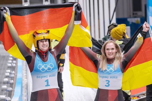 CHN, Winter Olympic Games, Beijing 2022 08 02 2022, National Sliding Centre, Yanqing, CHN, Winter Olympic Games, Beijing 2022, Luge, Single seater, Women, 4 run, in picture v l Natalie Geisenberger GER , Anna Berreiter GER f l Natalie Geisenberger of Germany, Anna Berreiter of Germany reacts after her 4th run of women s Luge single seater competition for the Winter Olympic Games Beijing 2022 National Sliding Centre in Yanqing, China on 2022 02 08 Yanqing China National Sliding Centre