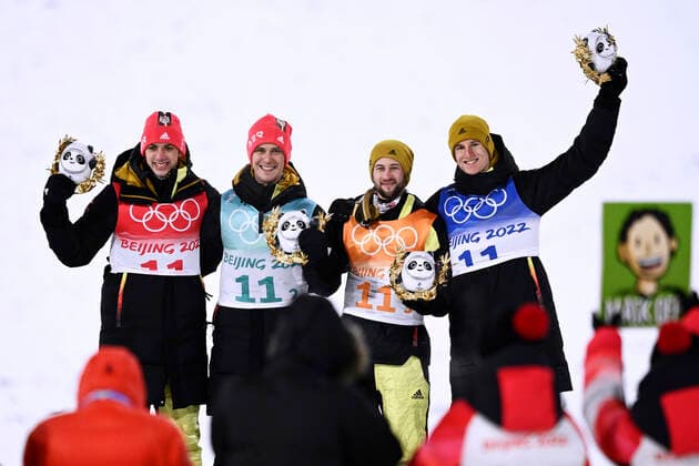GEIGER Karl, ESENBICHLER, LEYHE Stephan and SCHMID Constantin Team GER 3 place ski jumping team jumping large hill on Monday the 14 02 2022 Ski Jumping Center in Zhangjiakon Olympic Winter Games 2022 in Beijing China