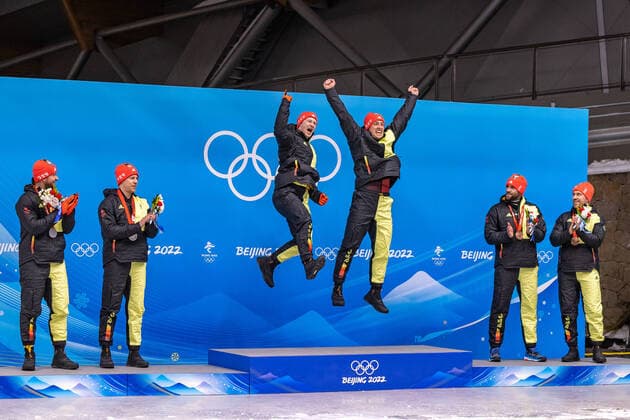 CHN, Winter Olympics, Beijing 2022 15 02 2022, National Sliding Centre, Yanqing, CHN, Winter Olympics, Beijing 2022, Bobsleigh, Two-man bobsleigh, Men, Medal Ceremony, in picture from l Silver medalist Johannes Lochner with Florian Bauer GER , Gold medalist and Olympic champion Francesco Friedrich with Thorsten Margis GER , Bronze medalist Christoph Hafer with Matthias Sommer GER Left to right Silver medalist Johannes Lochner with Florian Bauer of Germany Gold medalist and Olympic champion Francesco Friedrich with Thorsten Margis of Germany Bronze medalist Christoph Hafer with Matthias Sommer of Germany during the Medal Award Ceremony of men Doubles Bobsleigh Competition for the Winter Olympic Games Beijing 2022 National Sliding Centre in Yanqing, China on 2022 02 15 Yanqing China National Sliding Centre