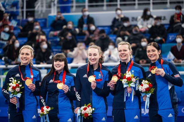 220220 Milli Smith, Halley Duff, Jennifer Dodds, Vicky Wright and Eve Muirhead of Great Britain celebrate with their gold medals on the podium at the medal ceremony for women?s curling final match between Great Britain and Japan during day 16 of the 2022 Winter Olympics on February 20, 2022 in Beijing Photo Mathias Bergeld BILDBYRAN kod MB MB0347 curling olympic games olympics winter olympics os ol olympiska spel vinter os olympiske leker peking peking 2022 beijing 2022 beijing 2022 olympic games beijing 2022 winter olympic games peking os beijing ol vinter ol 16 bbeng Great Britain storbritannien medaljceremoni medal ceremony,  Copyright: MATHIASxBERGELD BB220220MB028