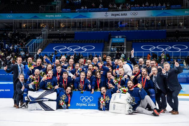 220220 Players of Finland celebrate after the men s ice hockey final game between Finland and ROC Russia during day 16 of the 2022 Winter Olympics on February 20, 2022 in Beijing Photo Maxim Thore BILDBYRAN kod MT MT0334 bbeng ishockey ice hockey olympic games olympics winter olympics os ol olympics winter os olympics peking peking peking 2022 beijing 2022 beijing 2022 olympic games beijing 2022 winter olympic games beijing os beijing ol winter ol final russia finland russia cheer,  Copyright: MAXIMxTHORE BB220220MT026