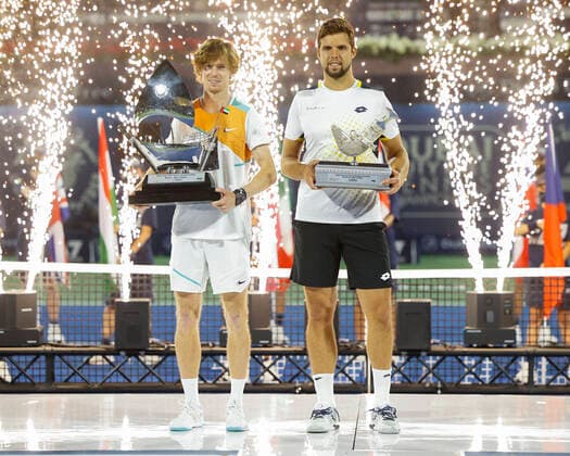 Finalist Jiri Vesely and winner Andrey Rublev with the cup, trophy, joy, emotion, award ceremony, presentation Tennis Dubai Duty Free Tennis Championships ATP Dubai Duty Free Tennis Stadium Dubai United Arab Emirates 26 February 2022 Copyright: xJuergenxHasenkopfx