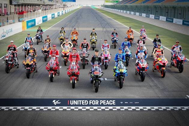 Press conference and presentation of riders and bikes before MotoGP Grand Prix of Qatar at Losail International Circuit, Qatar, March 03, 2022 In picture MotoGP? grid unites for peace Press conference and presentation of riders and bikes before MotoGP Grand Prix of Qatar at Losail International Circuit, Qatar March 03, 2022 POOL MotoGP com Cordon Press Images will be for editorial use only Mandatory credit MotoGP com Cordon Press  xx xx