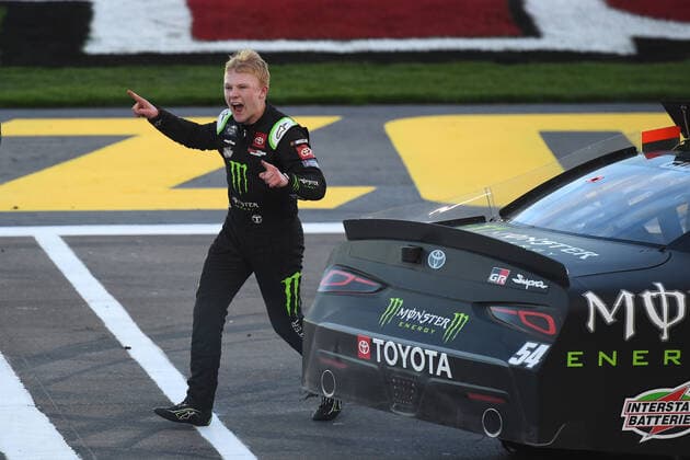 LAS VEGAS, NV - MARCH 05: Ty Gibbs ( 54 Joe Gibbs Racing Monster Energy Toyota) celebrates winning the race during the NASCAR, Motorsport, USA Xfinity Series Alsco Uniforms 300 on March 05, 2022, at Las Vegas Motor Speedway in Las Vegas, NV. (Photo by Chris Williams Icon Sportswire) AUTO: MAR 05 NASCAR Xfinity Series - Alsco Uniforms 300 Icon0072203051194