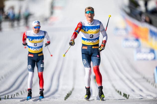 220306 Martin Lowstrom Nyenget of Norway celebrates winning men 50s 50 km classic technique mass start during the FIS Cross Country World Cup on March 6, 2022 in Oslo Photo Jon Olav Nesvold BILDBYRAN COP 217 JE0049 skidor cross country skiing langrenn fis world cup oslo holmenkollen men s 50 km bbeng norway norway jubel,  Copyright: JONxOLAVxNESVOLD BB220306JE058