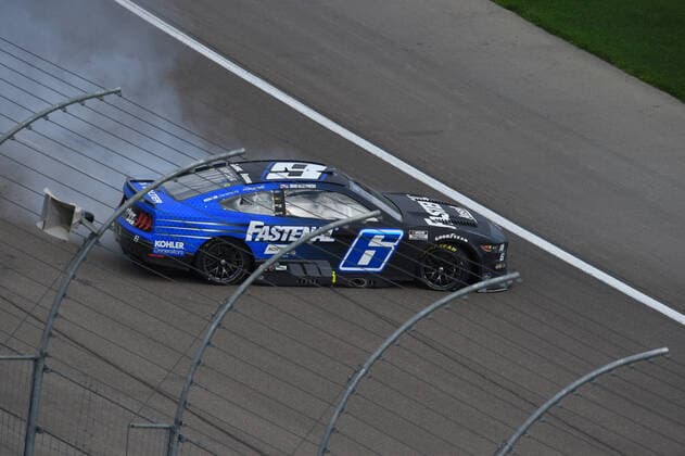 LAS VEGAS, NV - MARCH 06: Brad Keselowski ( 6 RFK Racing Fastenal Ford) spins out coming out of turn four during the Pennzoil 400 presented by Jiffy Lube NASCAR, Motorsport, USA Cup Series race, on March 6, 2022, at Las Vegas Motor Speedway in Las Vegas, NV. (Photo by Chris Williams LVMS Icon Sportswire) AUTO: MAR 06 NASCAR Cup Series - Pennzoil 400 presented by Jiffy Lube Icon007220306055