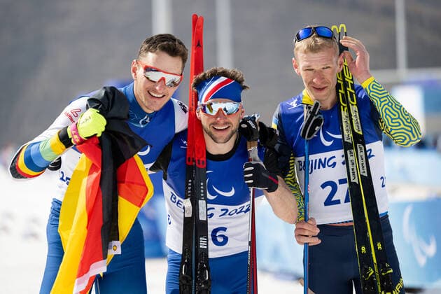 220309 Marco Maier of Germany, Benjamin Daviet of France and Grygorii Vovchynskyi of Ukraine after competing in men s Sprint Free Technique Standing final during day 5 of the 2022 Winter Paralympic Games on March 9, 2022 in Zhangjiakou Photo Simon Hastegard BILDBYRAN kod SH SH0263 skidor cross country skiing cross country skiing Paralympic Games Paralympics Paralympic Games Paralympic Games Winter Paralympics Beijing Beijing 2022 Beijing 2022 Beijing 2022 Paralympic Games 5 bbeng depp cheers,  Copyright: SIMONxHASTEGARD BB220309SH048