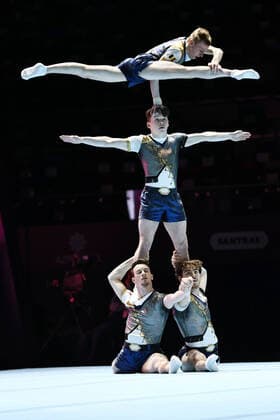 Mens group, BEL no order Wannes Vlaeminck, Jonas Raus Viktor Vermeire Simon de Wever , during balance final at 2022 Seniors Acrobatics World Championships in Baku 12 03 2022