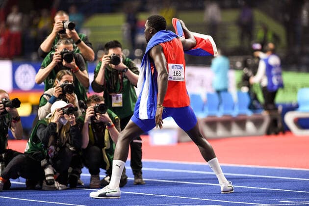 18 03 2022, xkaix, athletics , world indoor championships 2022 emspor, v l Lazaro Martinez Cuba poses after his triple jump SIeg victory Belgrade. kp