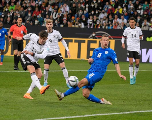 26 03 2022, Football friendly international match, Germany Israel, in Sinsheim Kai Havertz Germany vs Sean Goldberg Israel