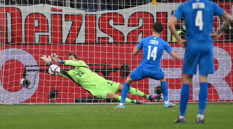 Goalkeeper Kevin Trapp parries the penalty of Yonatan Cohen Israel 26 03 2022, Football 2022, GER, international match, Germany Israel Photo Maik Hölter TEAM2sportphoto Sinsheim PreZero Arena Germany Team2